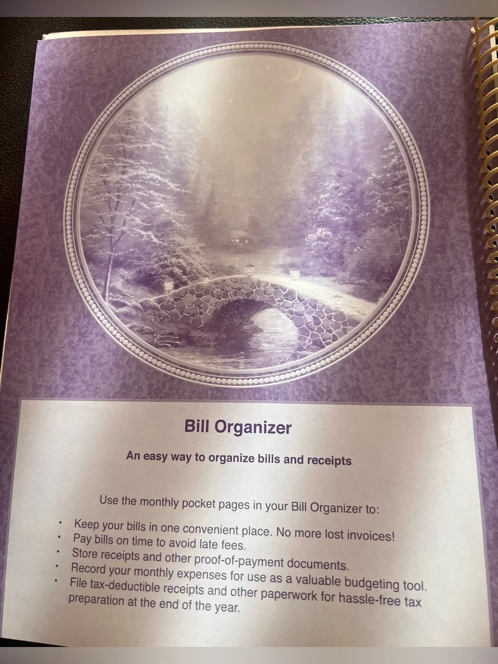Thomas Kinkade 12 Month Spiral Bill Organizer - Purple with Cottage Artwork